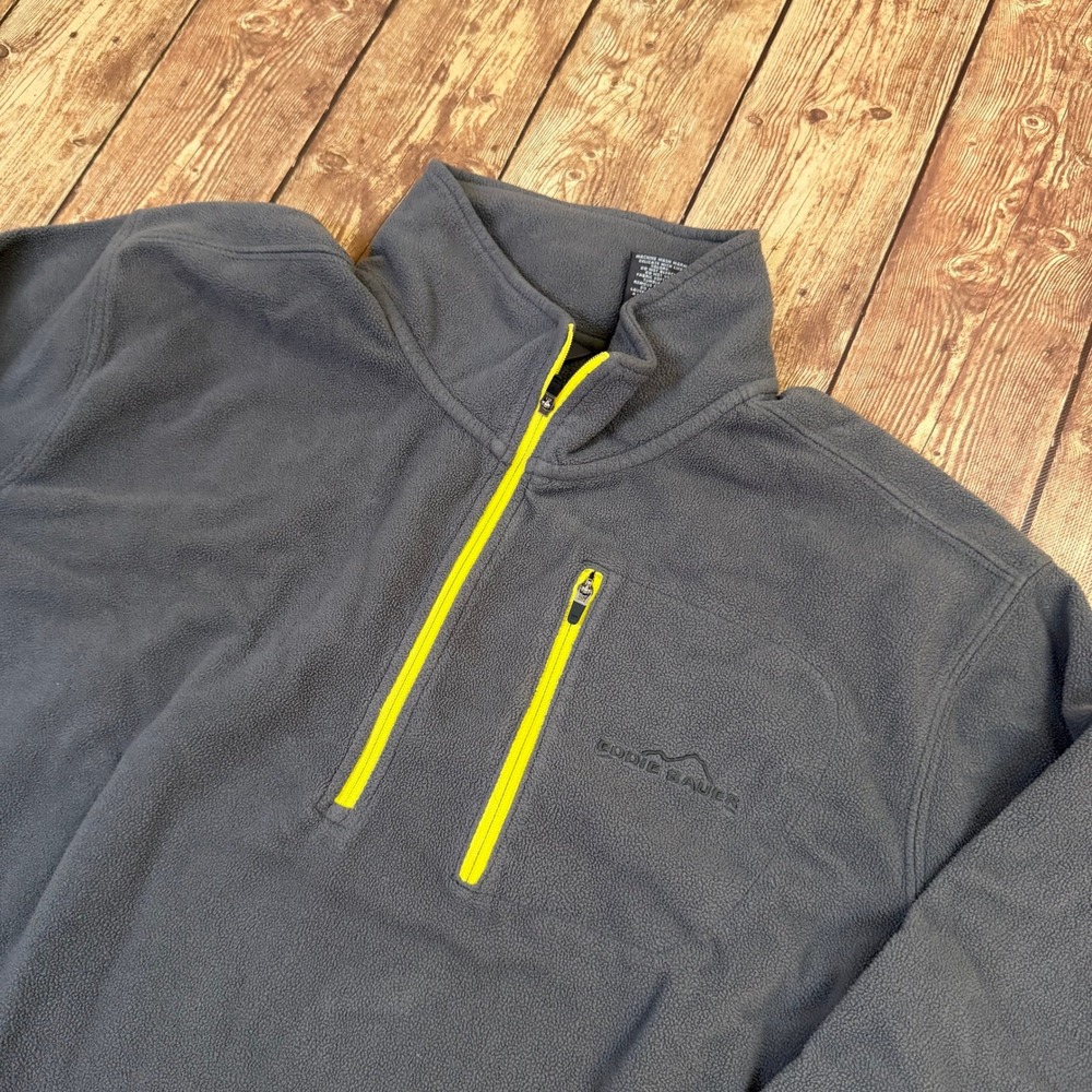 Eddie Bauer 1/4 Zip Fleece Pullover Mens Extra Large Gray Neon Trim Pocket